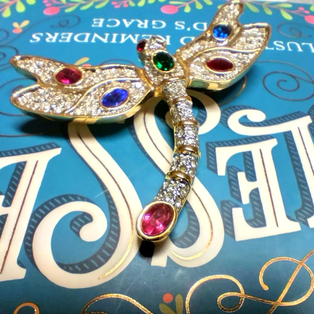 Gold Dragonfly Brooch Pin with Pink, Blue, Green, Red and Clear Rhinestones - Picture 5 of 8